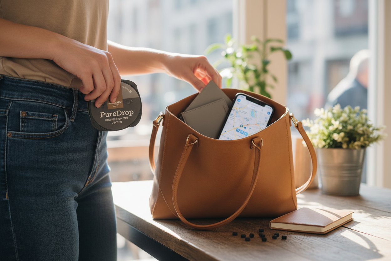 Lifestyle foto Meenk Pure Drop Naturel - compact en handig voor onderweg